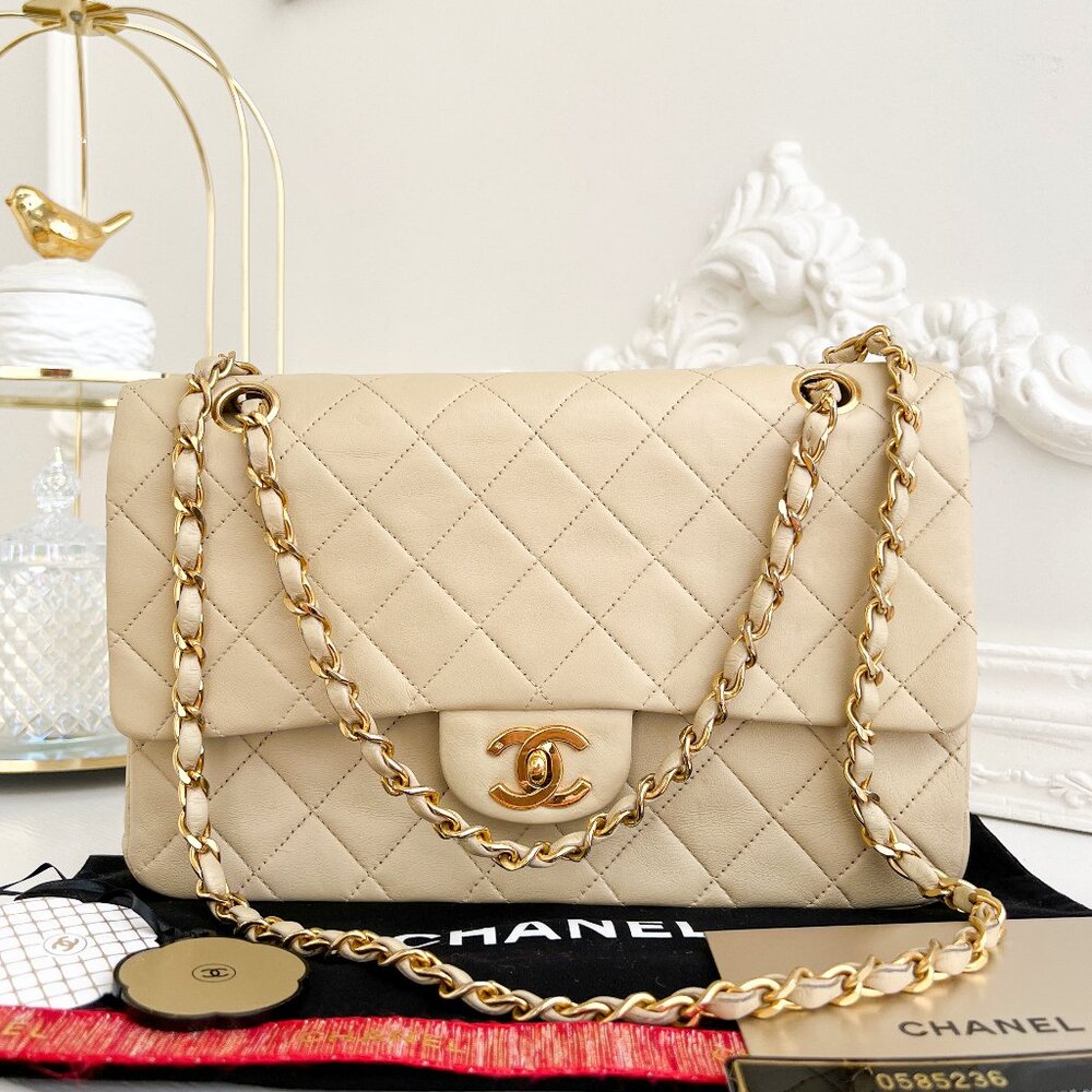 Authentic Chanel classic double flap beige lambskin  HWRD Shoulder bag  B0895